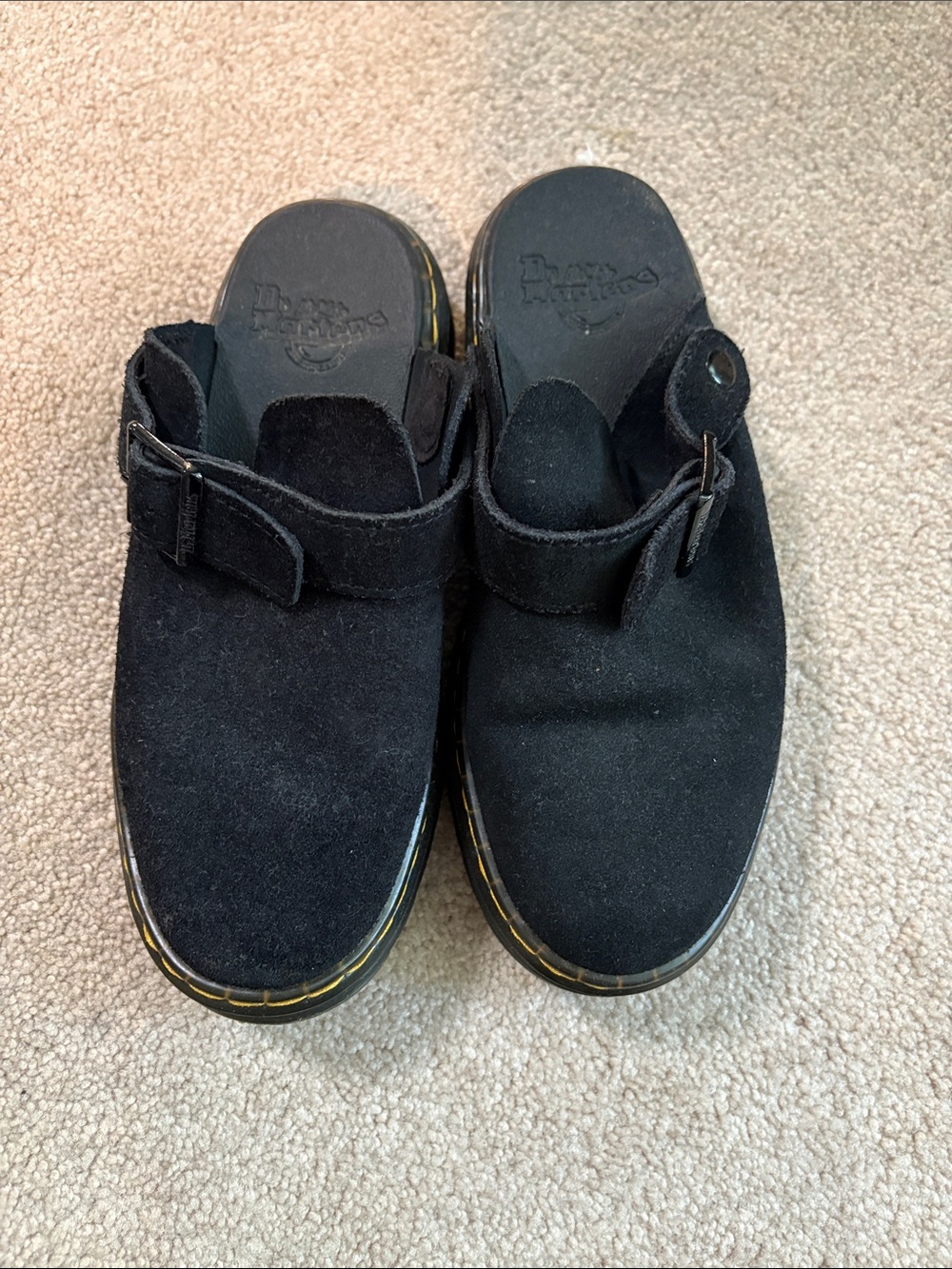 Dr. Martens Carlson Black Suede Buckle Clog Slip-Ons